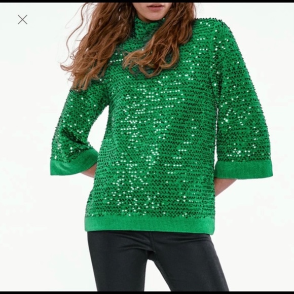 Zara Green Sequin Turtleneck Sweater - Picture 3 of 11